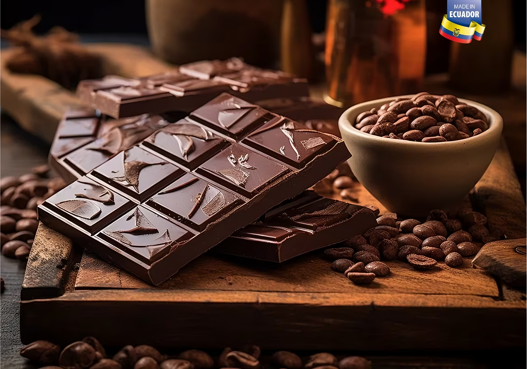 Barras de chocolate Flumi partidas junto a granos de cacao, hecho en Ecuador