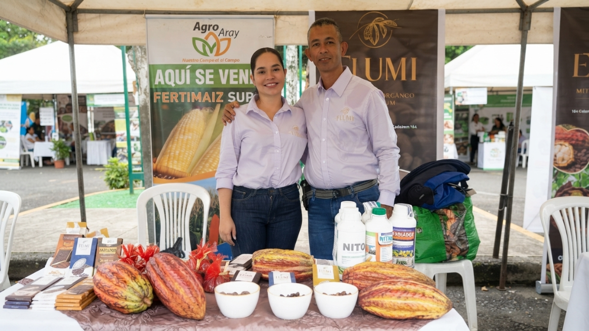 Stand de Flumi en la feria de Patricia Pilar, con productos y mazorcas de cacao exhibidos