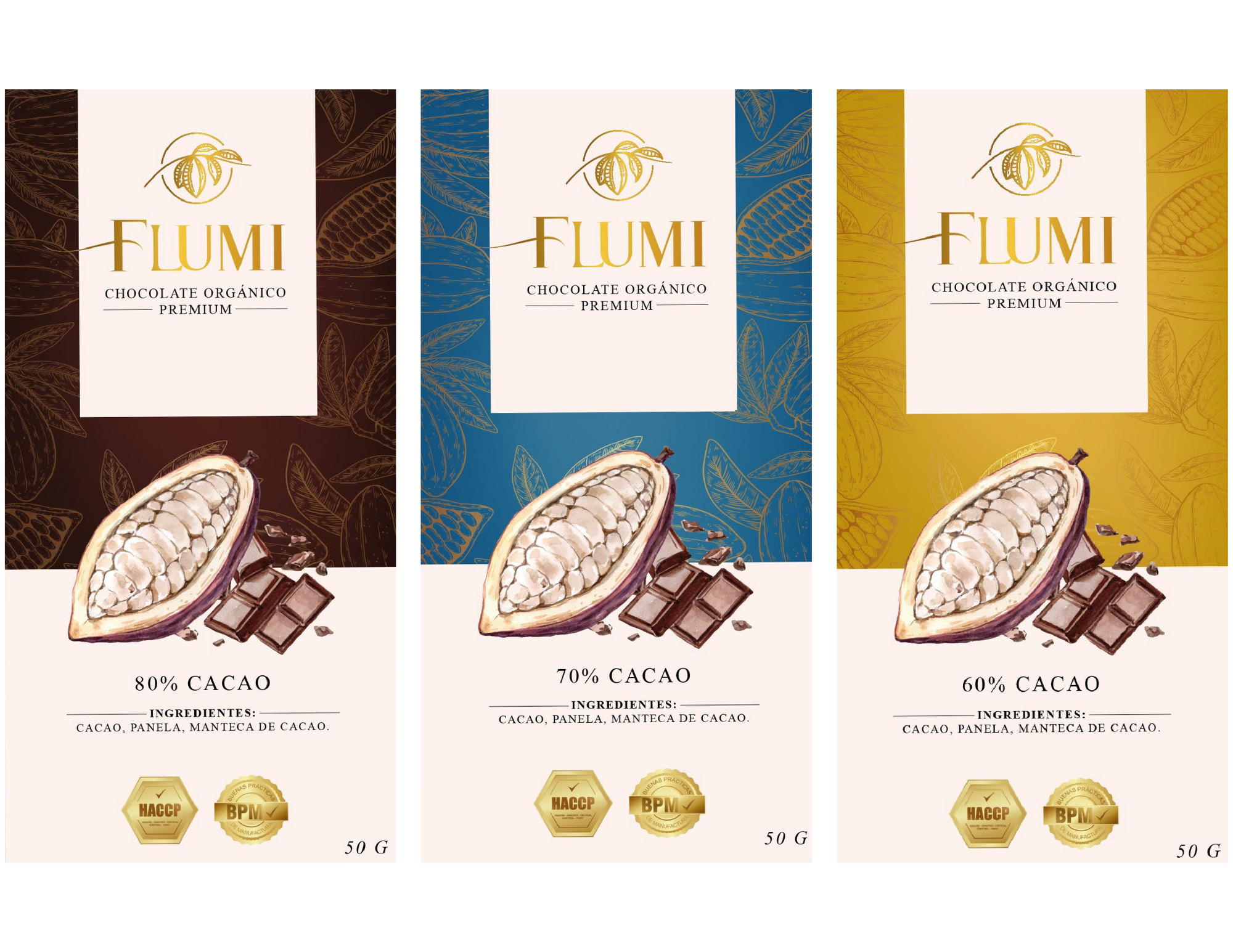 Las tres barras de Flumi: 80%, 70% y 60% cacao