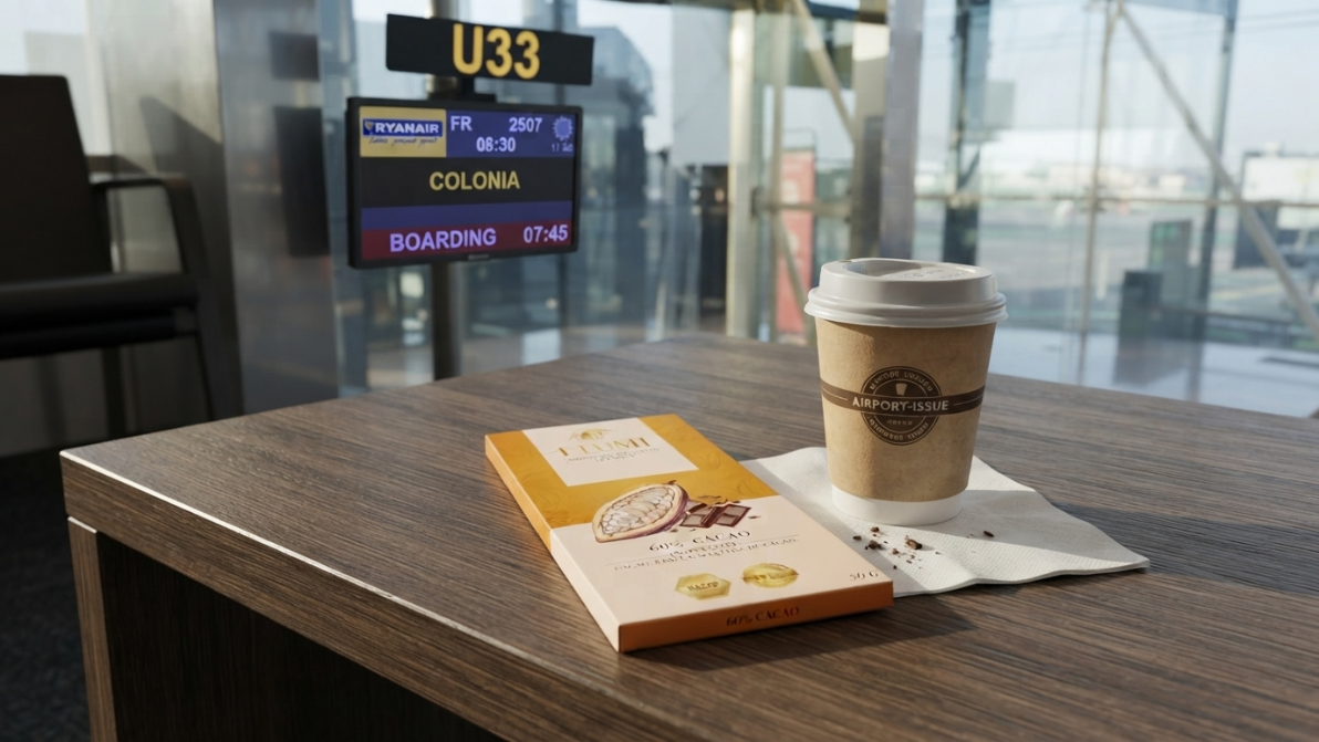 Chocolate Flumi en el aeropuerto de Colonia, Alemania, junto a la pantalla de embarque