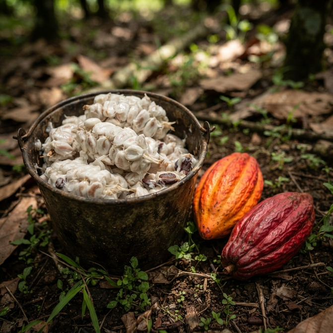 Balde con granos de cacao recién cosechados junto a dos mazorcas abiertas