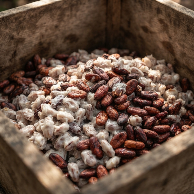 Cajón de madera con granos de cacao en fermentación
