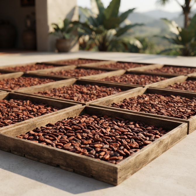 Bandejas de madera con granos de cacao secándose al sol