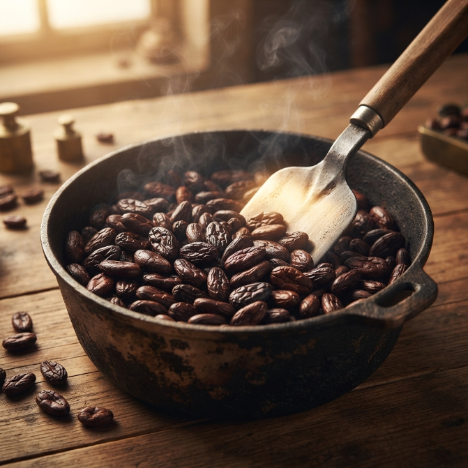 Granos de cacao tostándose en una olla sobre fuego